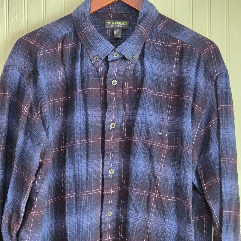 John Bartlett Shirt Mens 2XL Blue Plaid Long Sleeve Button Down Cotton Casual